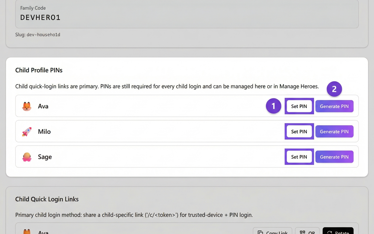 Child Profile PIN controls for setting and generating PINs