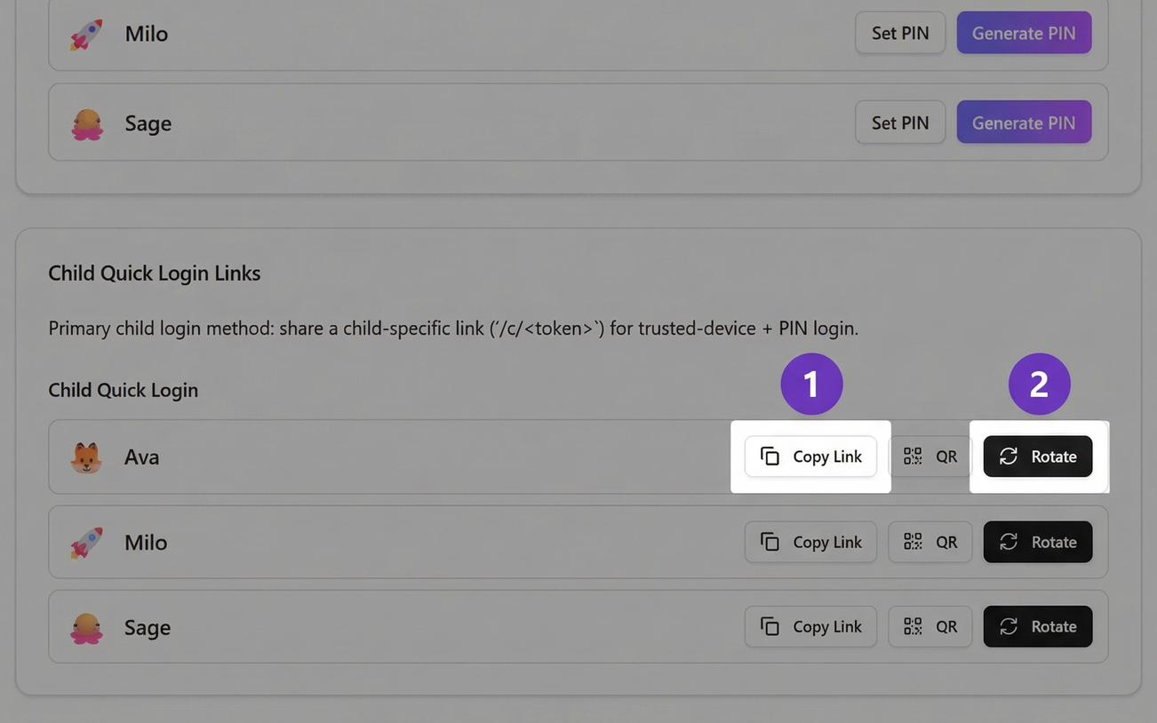 Child Quick Login Links controls for copy and rotate actions