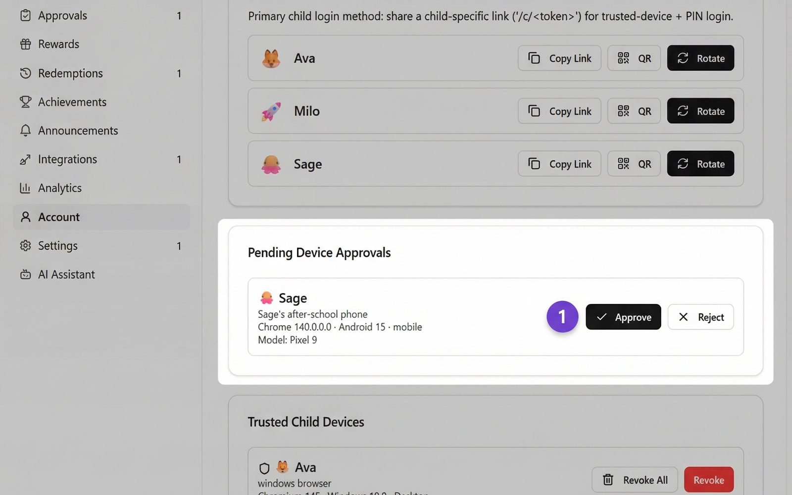 Pending Device Approvals panel for approving or rejecting devices