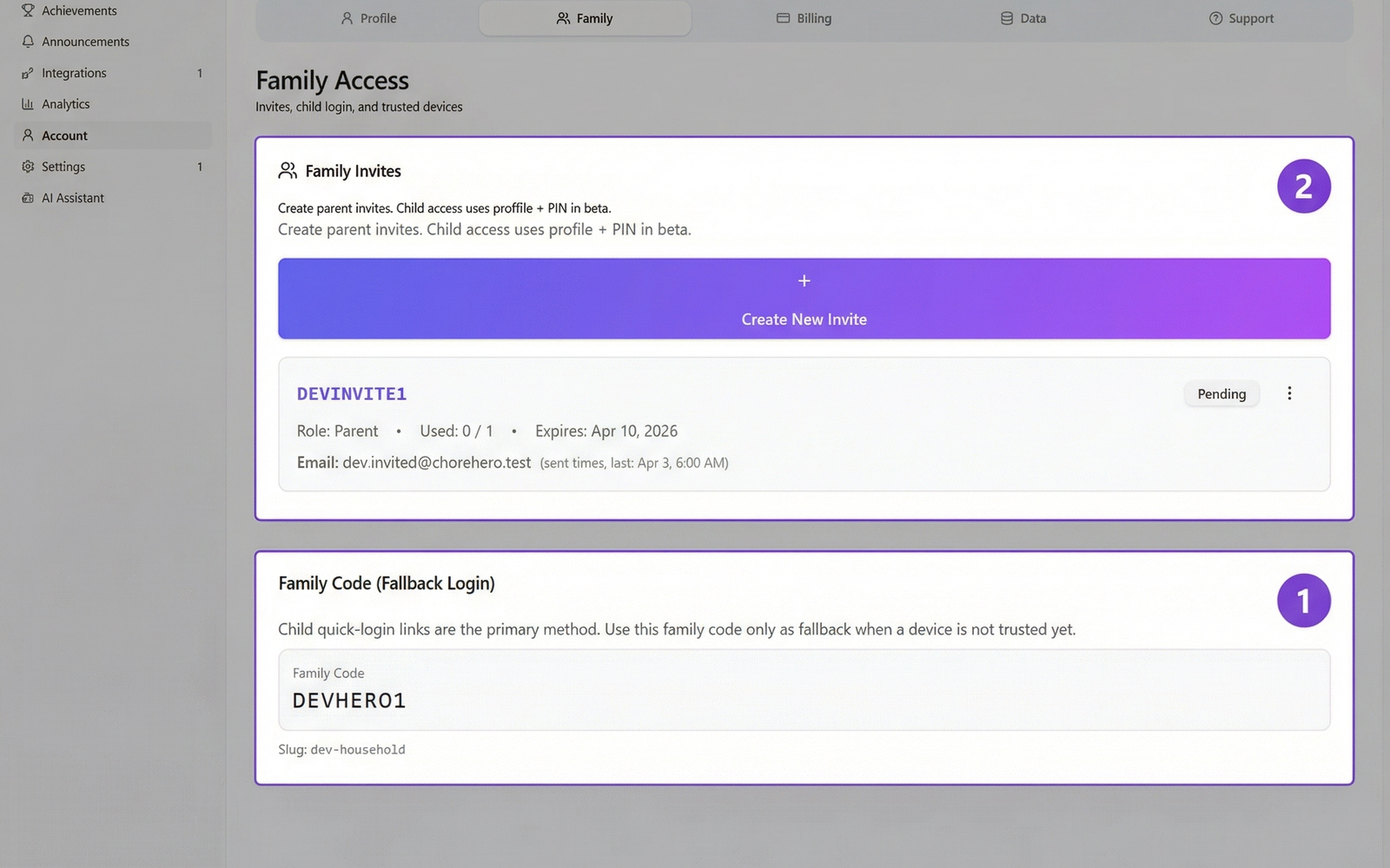Family Access settings showing quick login links and fallback code
