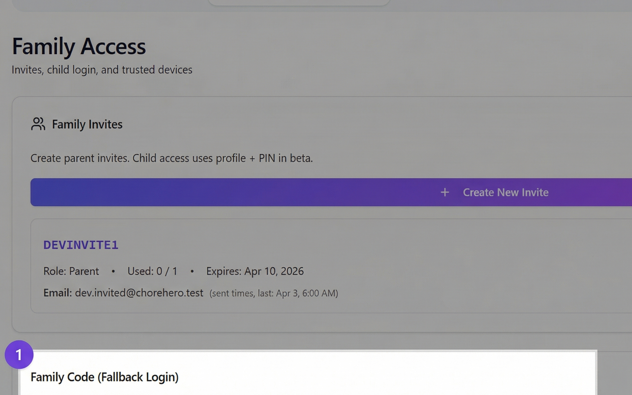 Family fallback code card in settings
