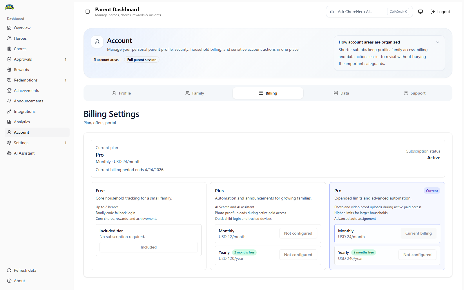 Billing section in Parent Dashboard account tab
