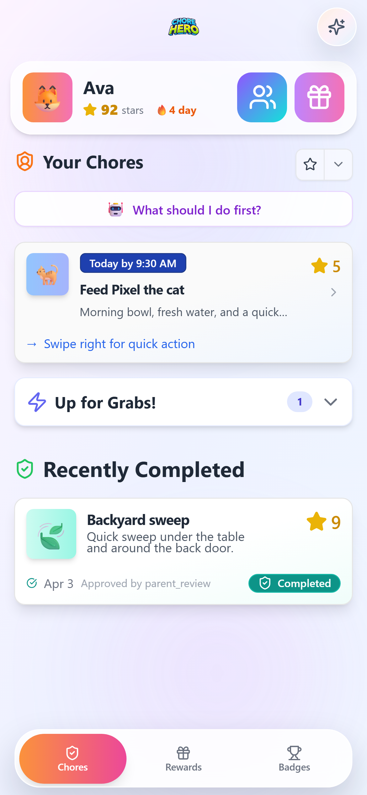 Child Dashboard chores tab showing the day-to-day task list