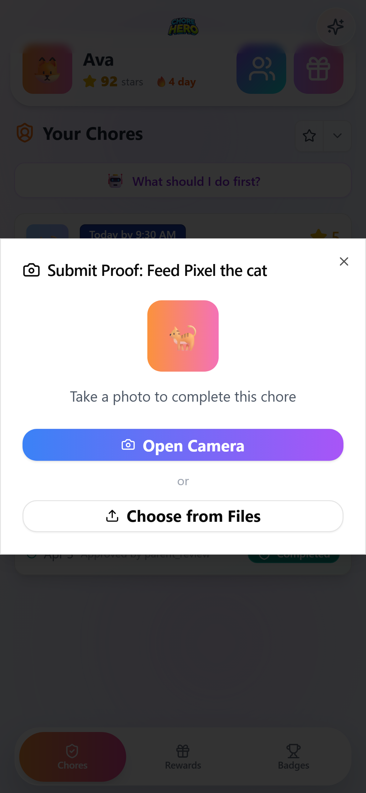 Child chore proof dialog showing a submission-ready chore