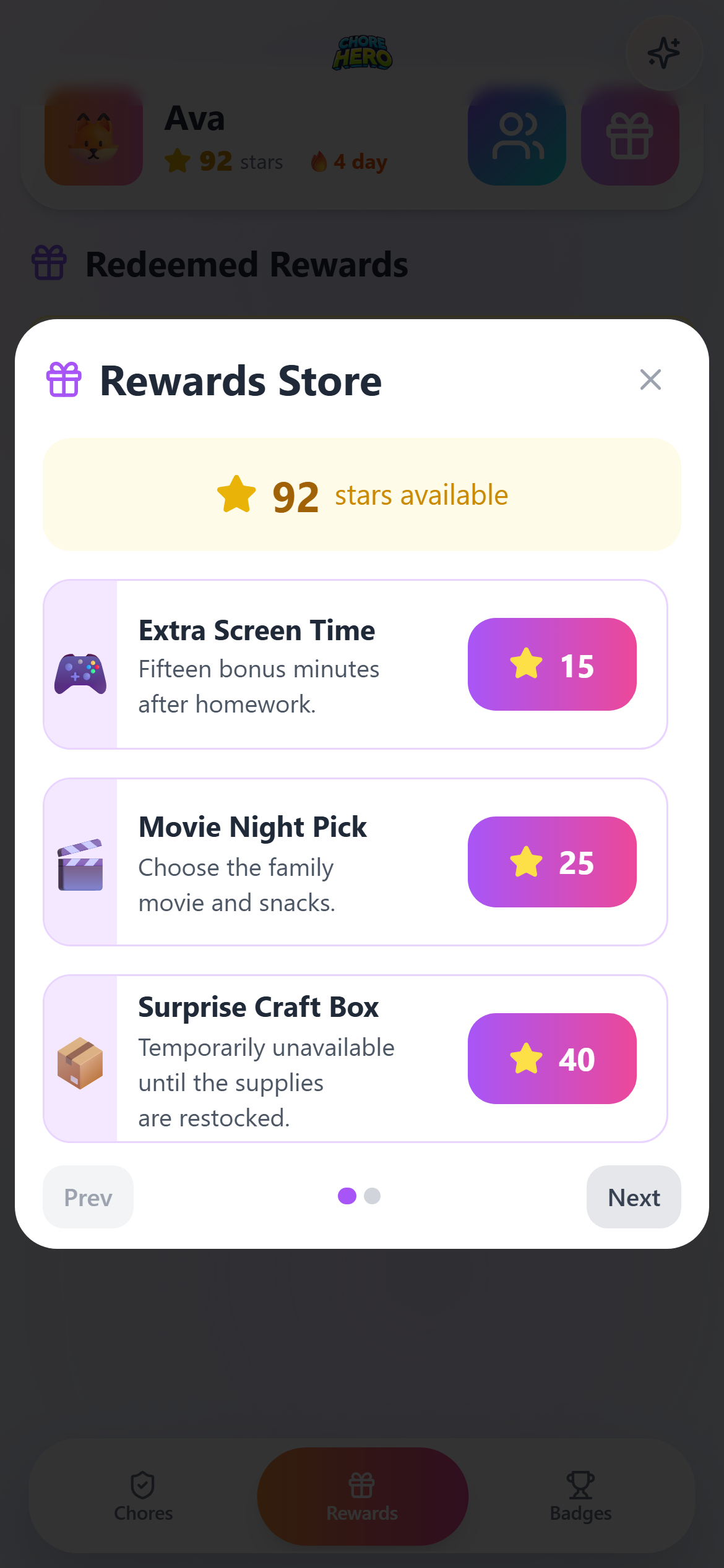 Child rewards store showing available rewards to claim