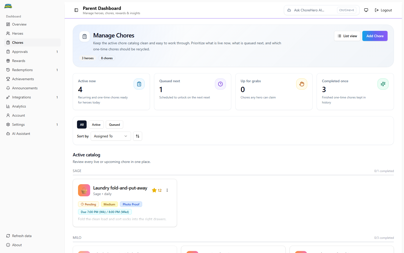 Chores tab in Parent Dashboard