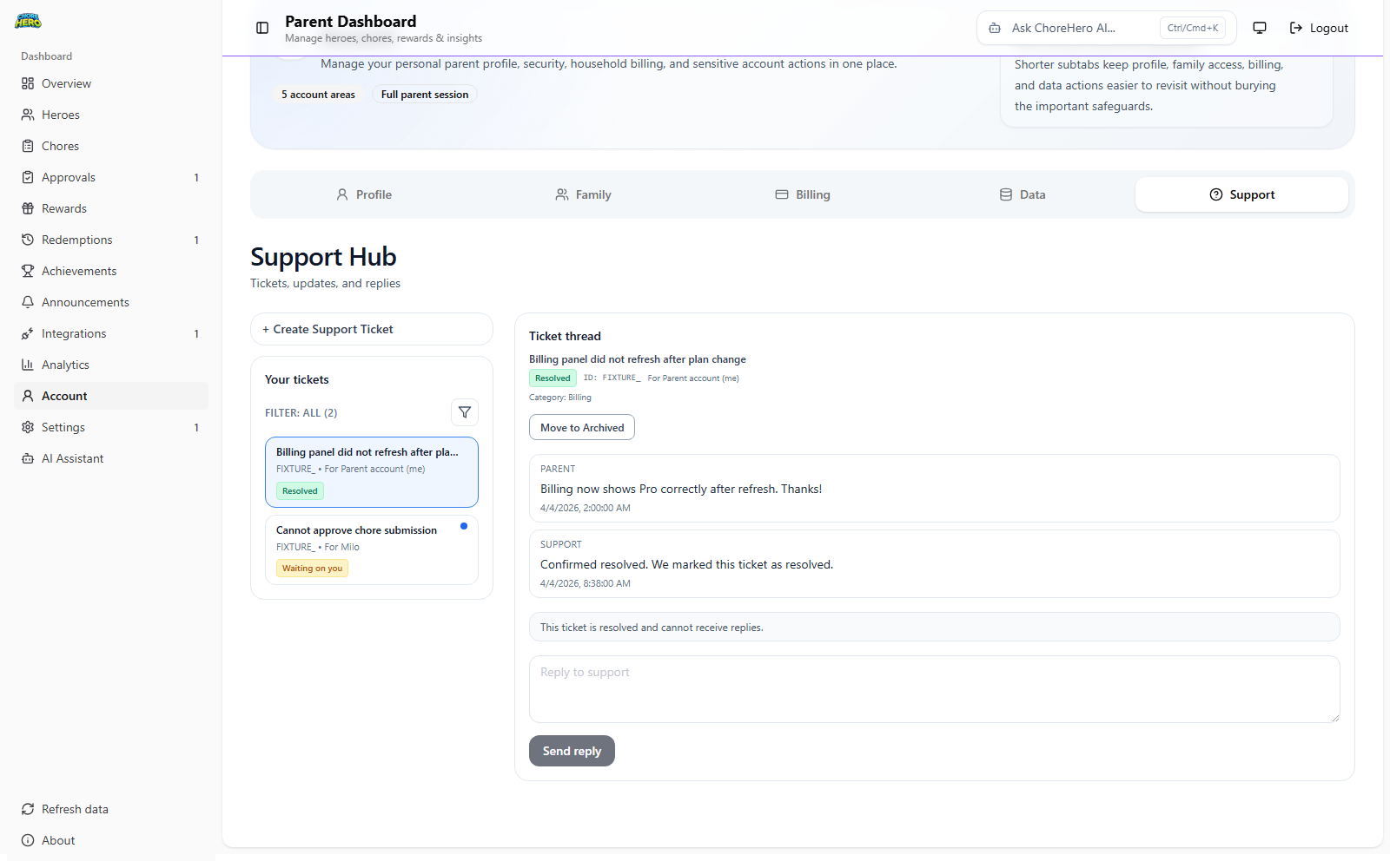 Parent Dashboard support status updates panel in the app