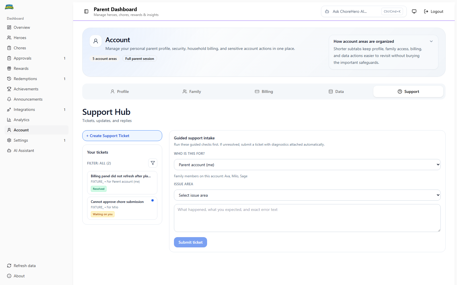 Parent Dashboard support ticket intake flow in the app