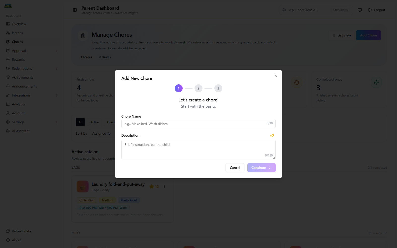 Create chore dialog showing the basics step in Parent Dashboard