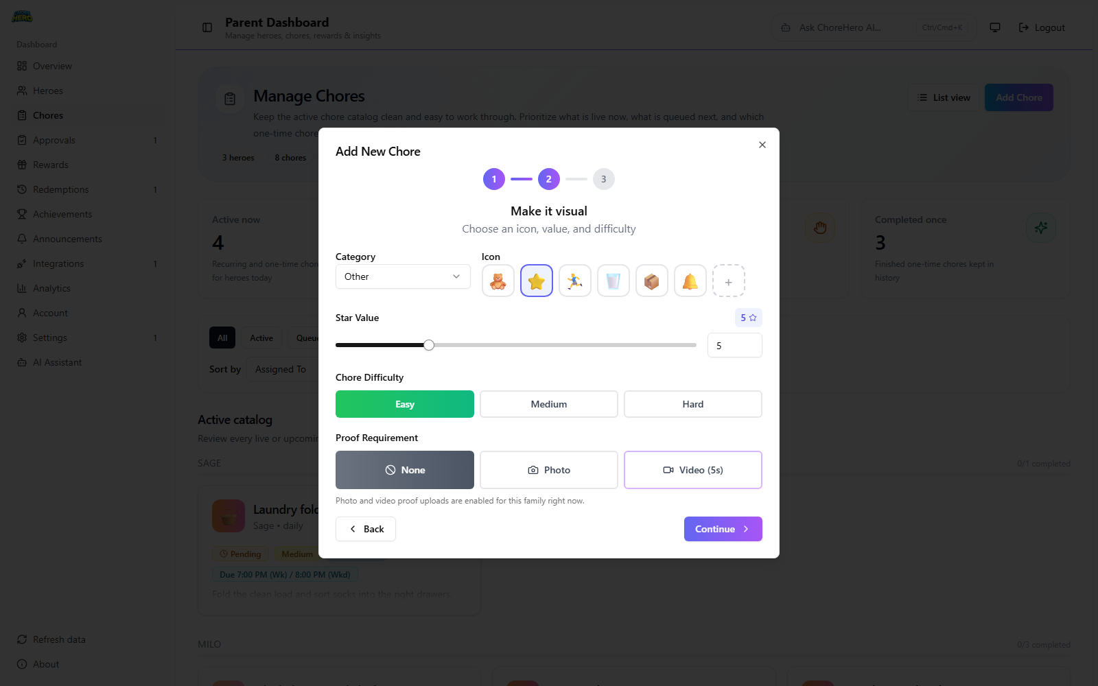 Create chore dialog showing visual and scoring options in Parent Dashboard
