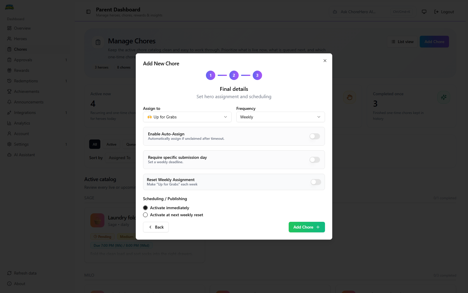 Create chore dialog showing assignment and schedule options in Parent Dashboard