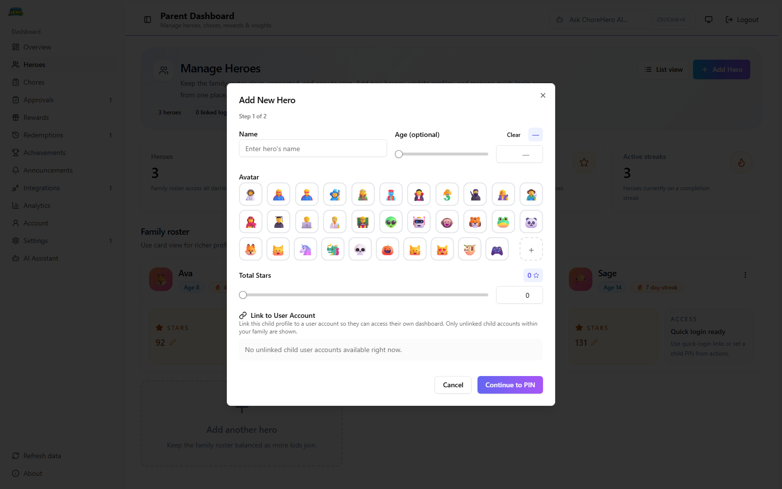Add Hero dialog showing profile setup fields in Parent Dashboard