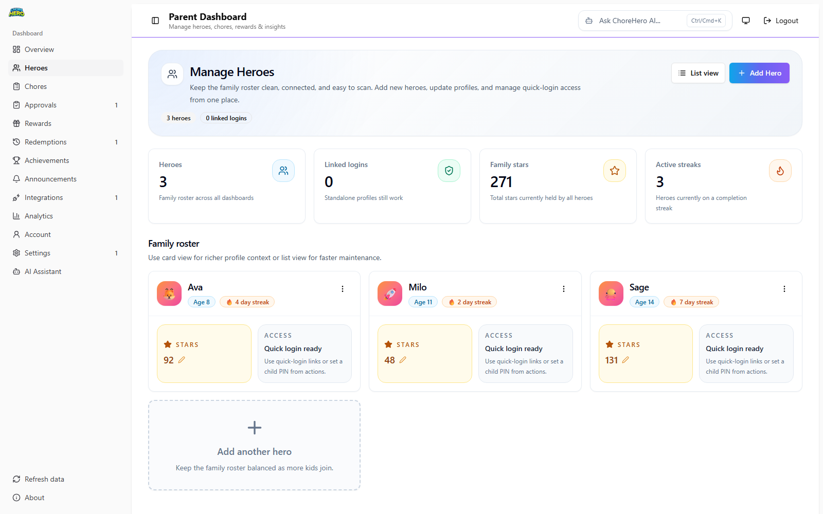 Manage Heroes tab with hero profile controls
