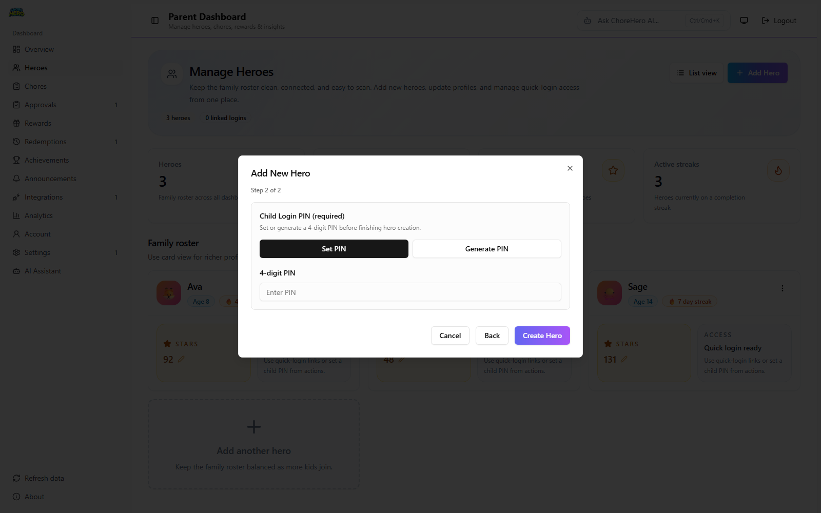 Add Hero dialog showing the PIN setup step in Parent Dashboard