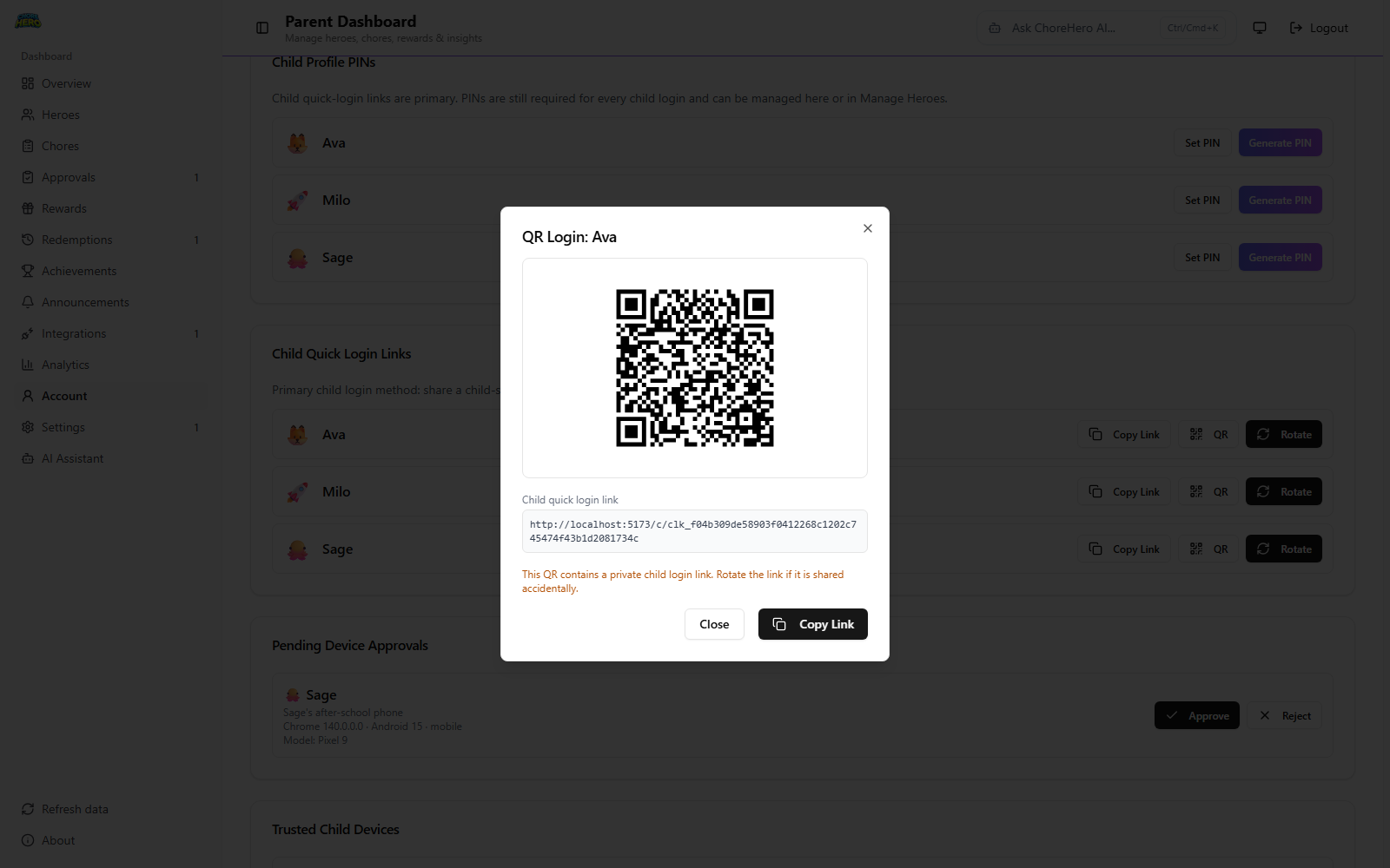 Quick login QR and link sharing dialog in Parent Dashboard