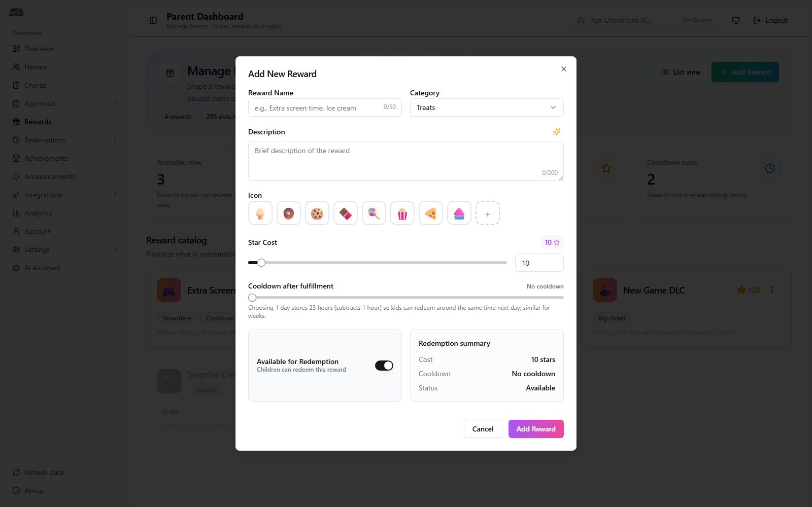 Create reward dialog showing reward fields in Parent Dashboard