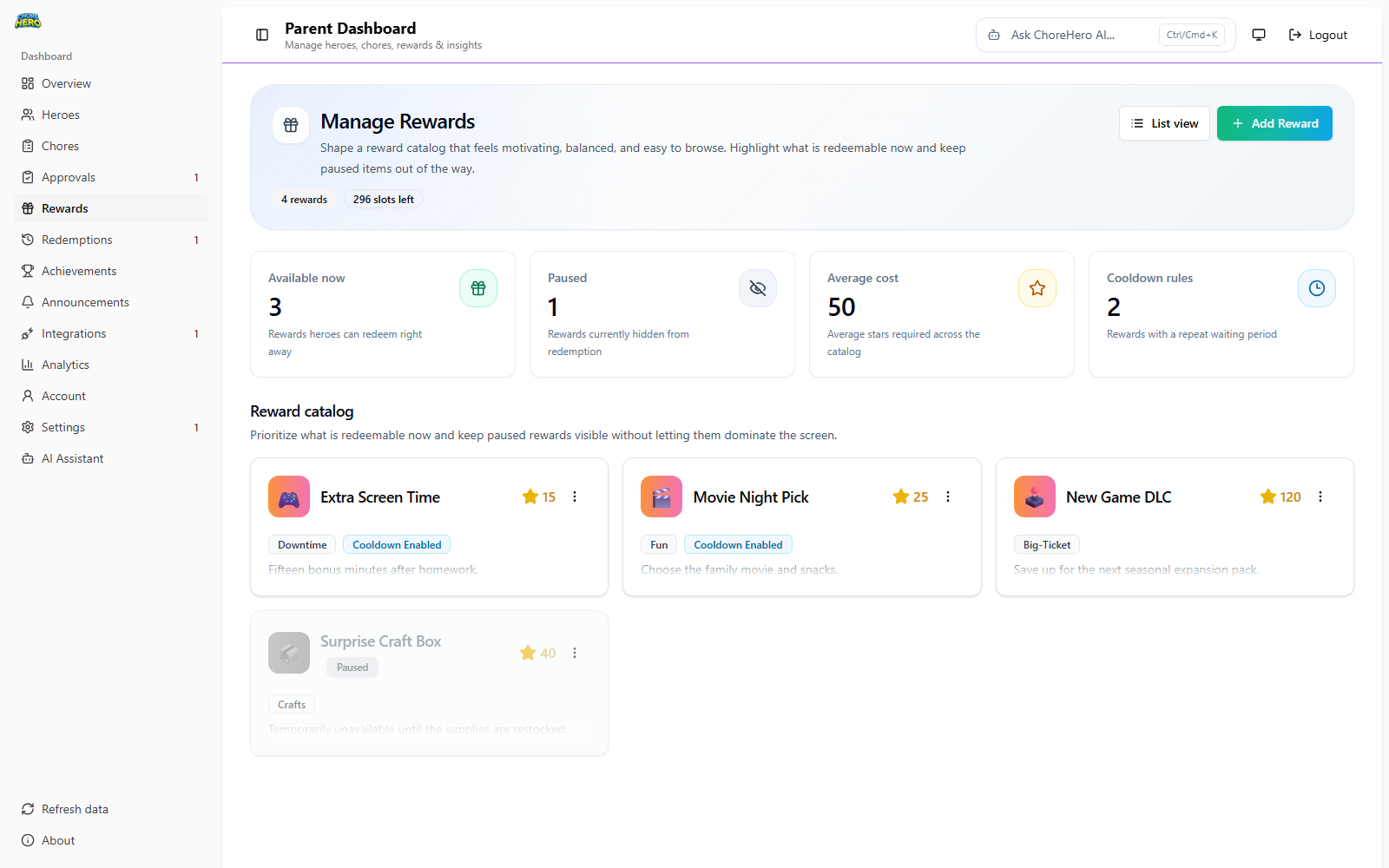 Rewards tab in Parent Dashboard