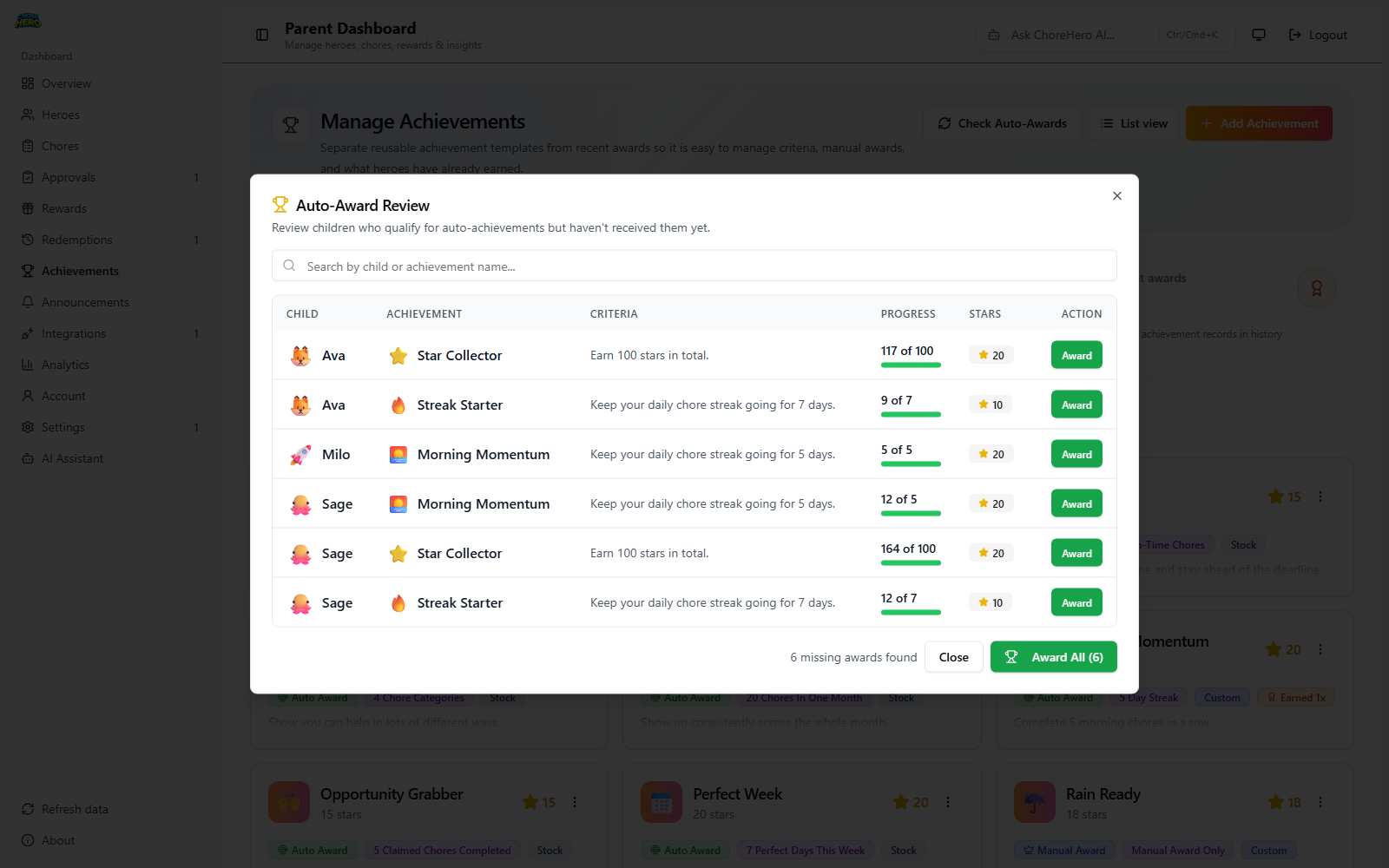 Auto-award review dialog showing trigger and milestone settings in Parent Dashboard