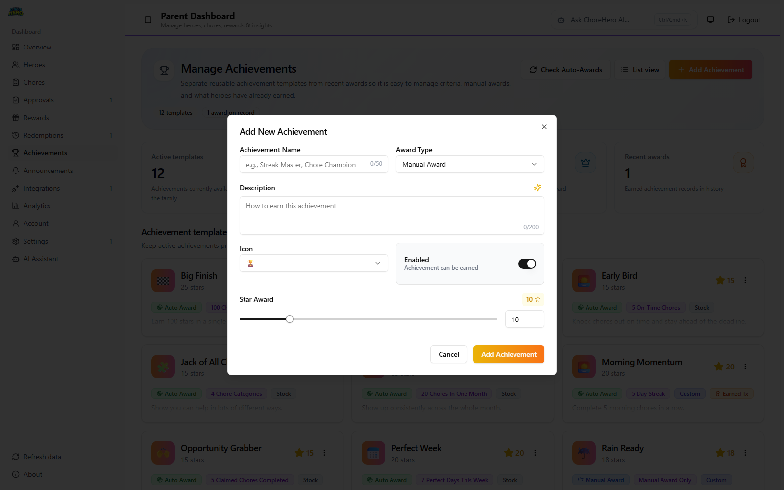 Create achievement dialog showing achievement template fields in Parent Dashboard