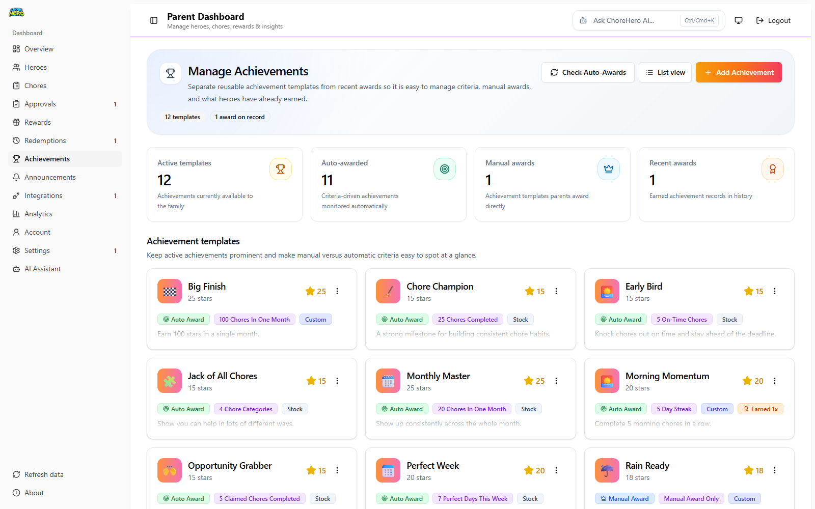 Manual achievement award dialog showing hero selection in Parent Dashboard